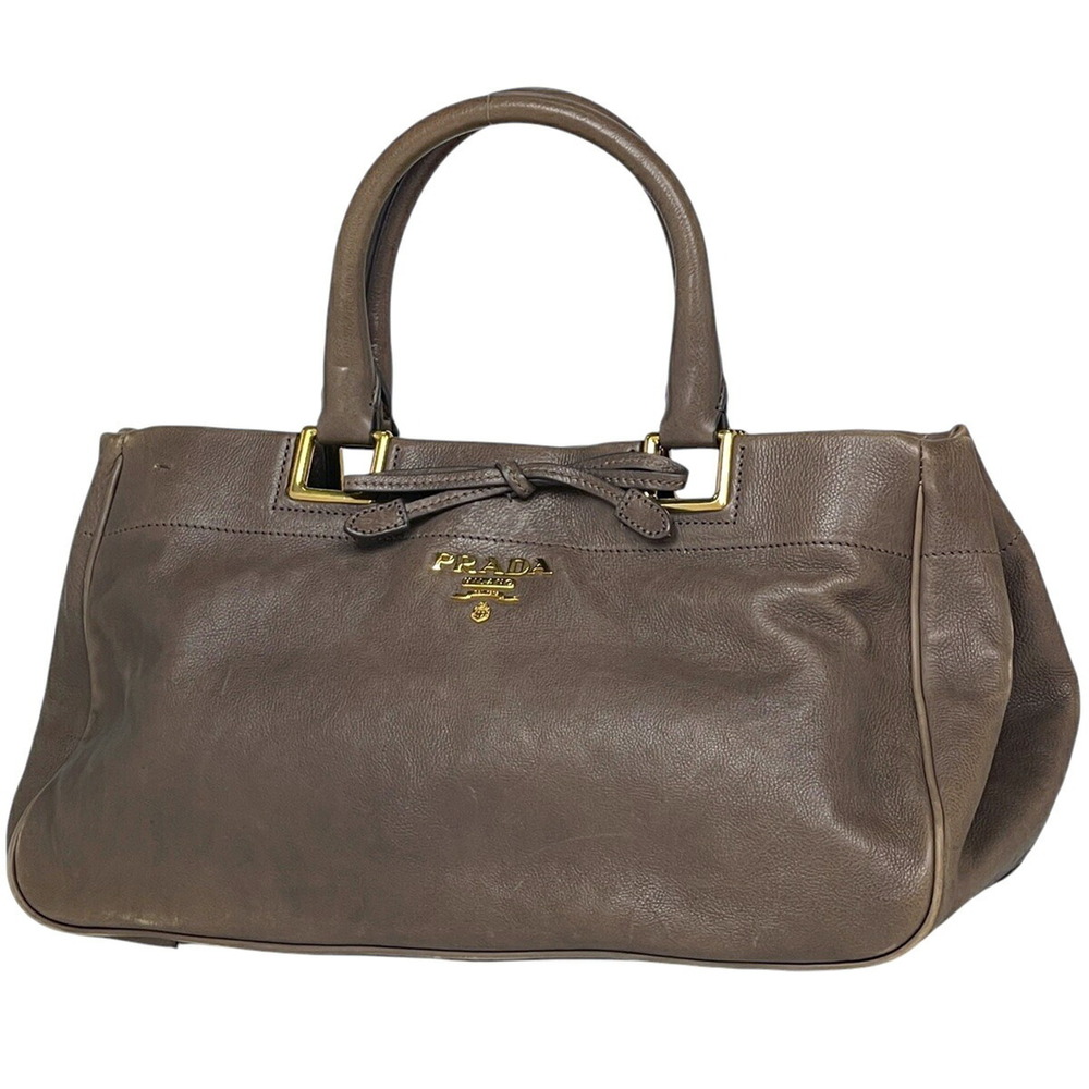 Prada Logo Handbag Shoulder Bag Rion Leather Brown